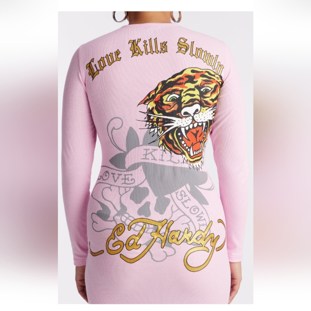 Ed Hardy Retro Flash Ribbed Mini Dress - Pink Size 1X (EUC) - Picture 5 of 12